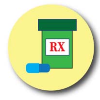 Illustration of a pill bottle labeled RX on a circular yellow background.